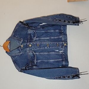 REDIAL Denim Distressed Lace Tie Arm Shoulder Detail Small